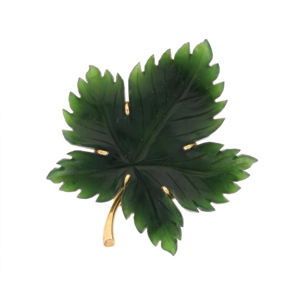 Fluhler Nephrite Jade Vintage Leaf Brooch - Yellow Gold 14k Carved Botanical Pin